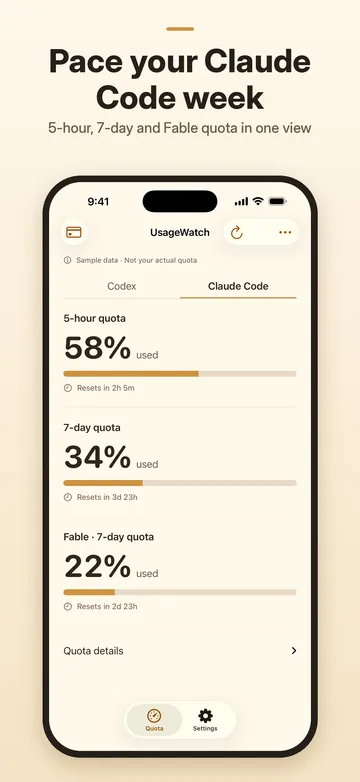 Claude Code 5-hour and 7-day quota used, with reset countdowns (sample data)