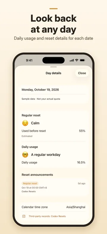 Day details with daily usage and reset information (sample data)
